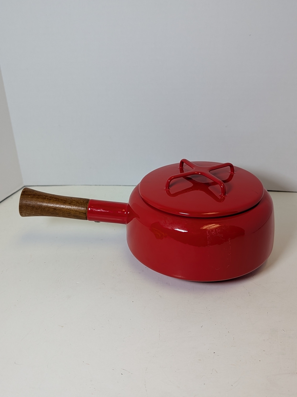Vintage Dansk Kobenstyle Red Enamel Saucepan Lid Wood Handle Jens Quistgaard MCM